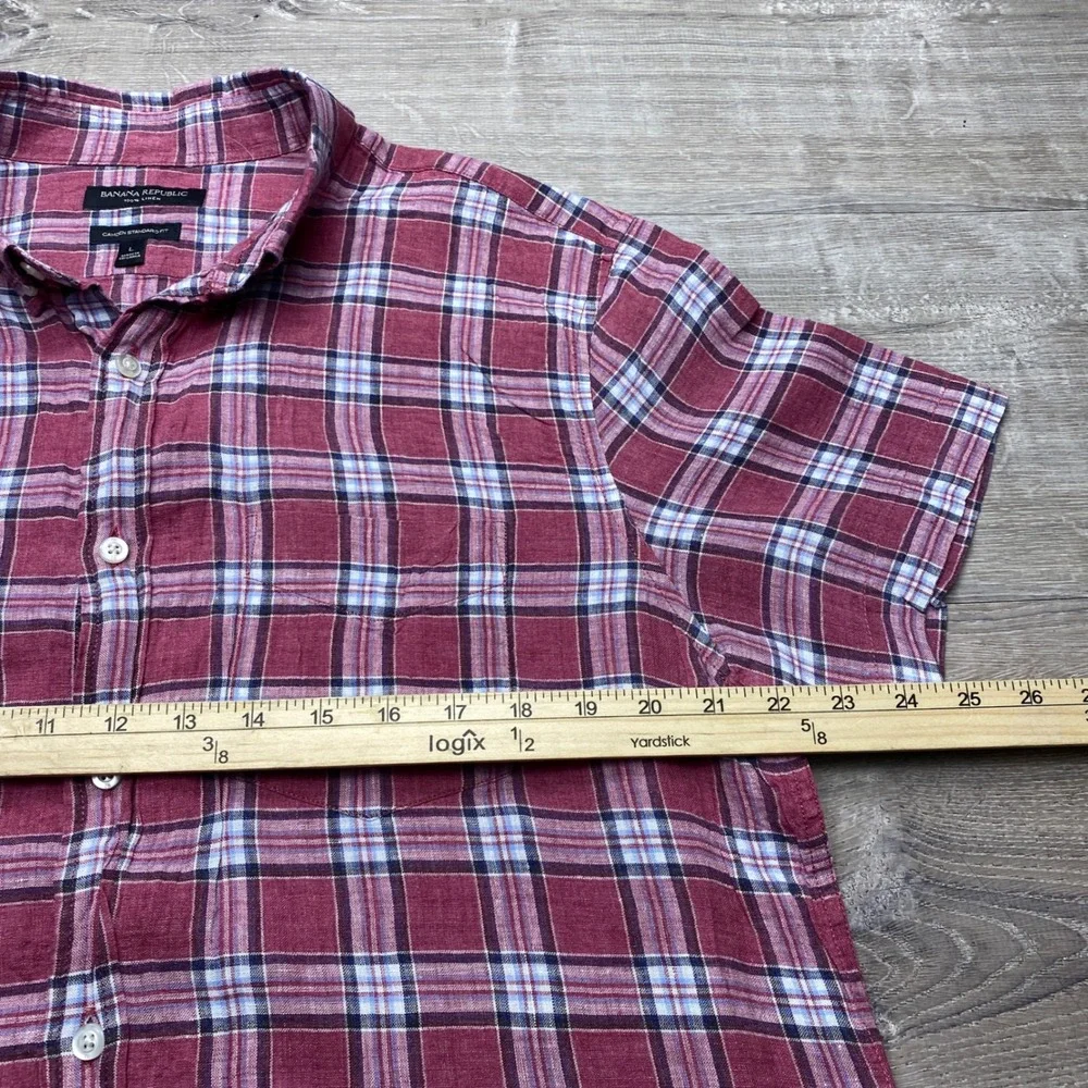 Banana Republic Shirt Camden Standard Fit Mens L Burgundy Plaid 100%‎ Linen SS